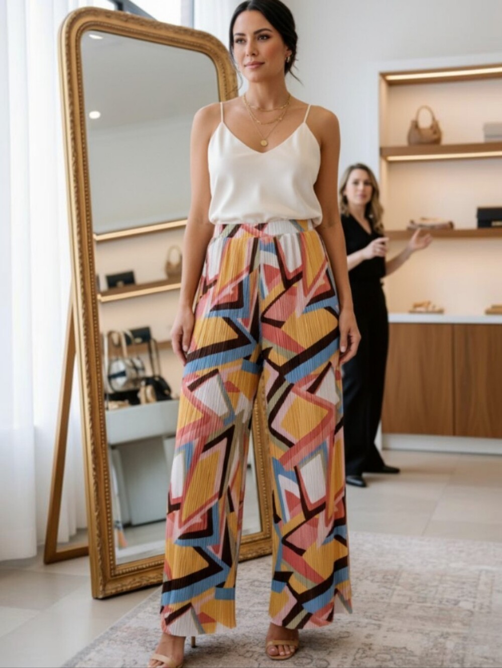 Zara Geometric Pleated Wide Leg Pants - Pink, Yellow, Blue, Brown, Cream